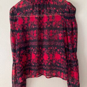 BB Dakota x Steve Madden Black and Red Roses Sheer Long Sleeve Blouse